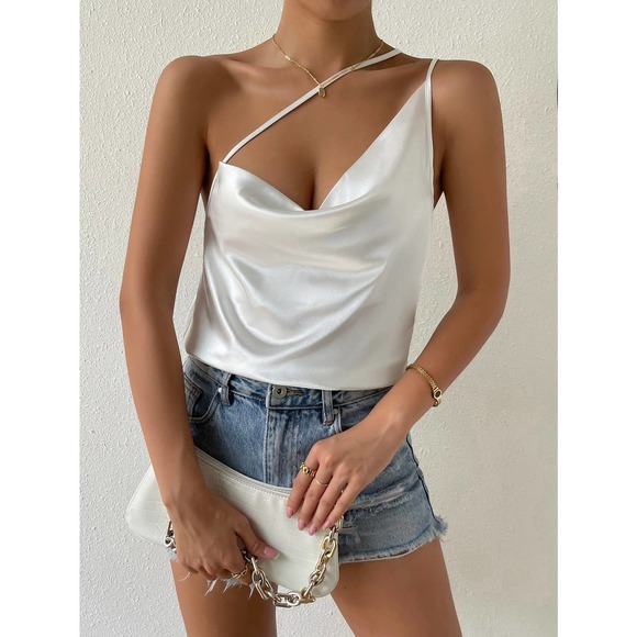 Draped cowl neck criss cross strap Satin crop Top cami tank white - Picture 1 of 7